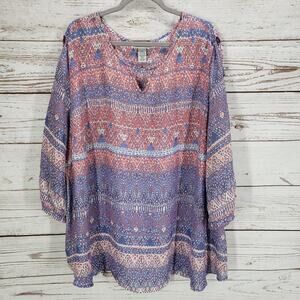 Catherines Women's Purple Pink Print Cut Out Sleeve Top Size 4X-30/32W